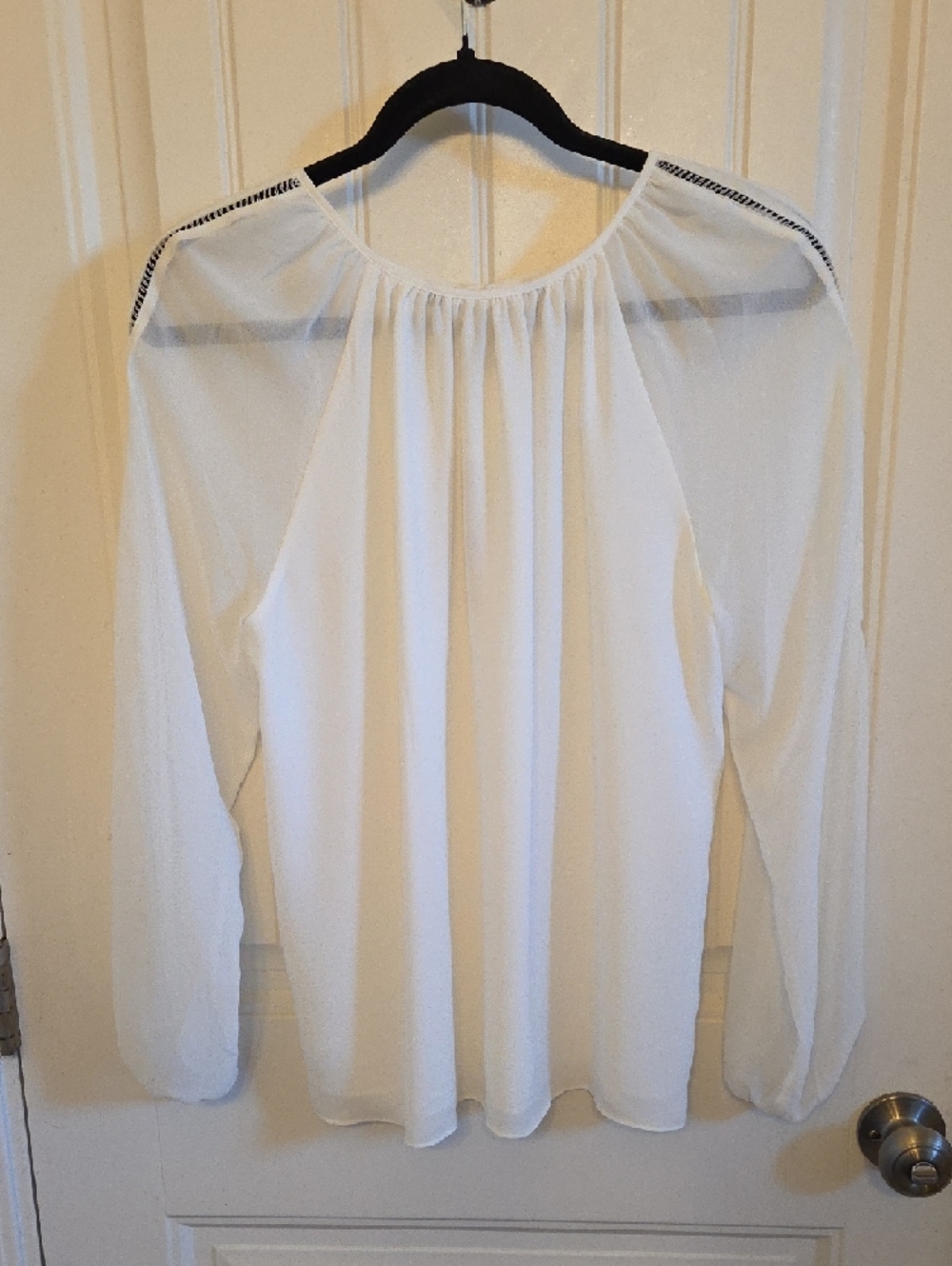 NWT White House Black Market White Tie-neck Sheer Sleeve Blouse - Picture 4 of 5